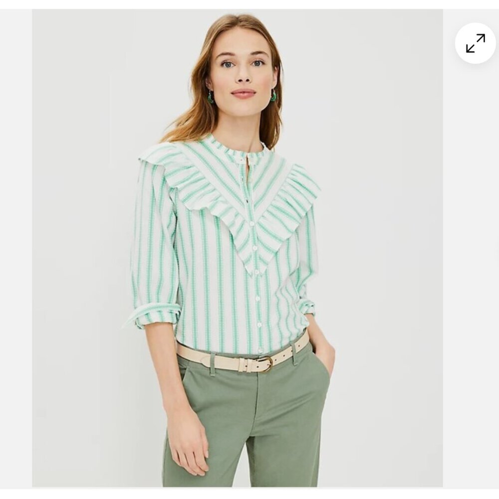 LOFT Mint and White Ruffle Blouse